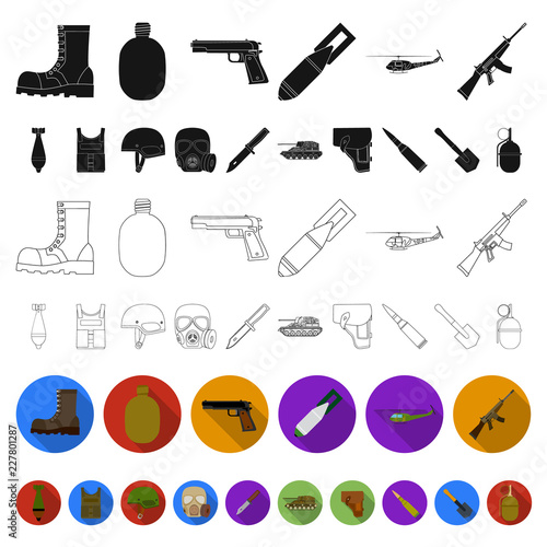 Army and armament flat icons in set collection for design. Weapons and equipment vector symbol stock web illustration.