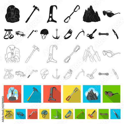 Mountaineering and climbing flat icons in set collection for design. Equipment and accessories vector symbol stock web illustration.