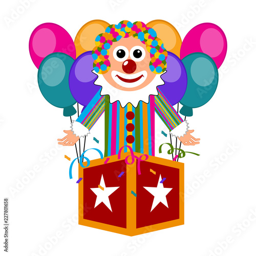 Happy circus clown on a surprise box. Vector illustration design