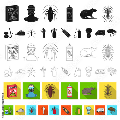 Pest, poison, personnel and equipment flat icons in set collection for design. Pest control service vector symbol stock web illustration.