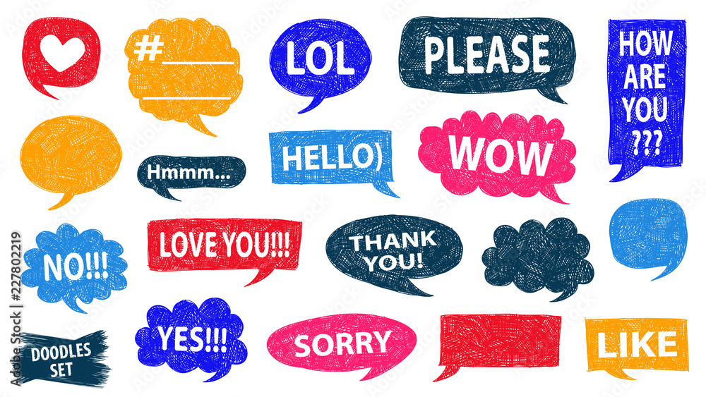Obraz premium Speech bubble doodles set. Scribble frames collection. Sketch vector. Popular social media phrases. Hand drawn effect illustration. Comics. Social media messages. Chat or dialog clouds.