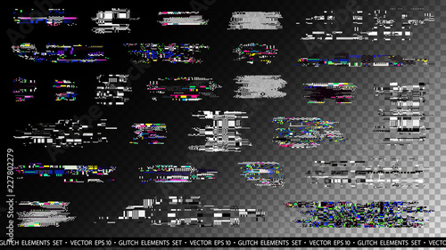 Glitch elements set. Computer screen error templates. Digital pixel noise abstract design. Poster design pixel details. Glitches collection. TV signal fail. Data decay. Technical problem grunge.