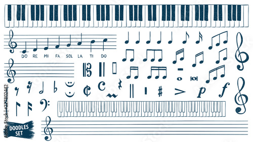 Music notes doodles set. Piano keys sketch. Treble clef. Hand drawn detailed sketch. G-clef. Scribbles collection. Scrawl. Piano. Organ. Symphony. Melody. Classic music.