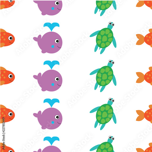 Whale with water fountain blow, fish and turte icon. Vector illustration. Cartoon style. Seamless pattern photo