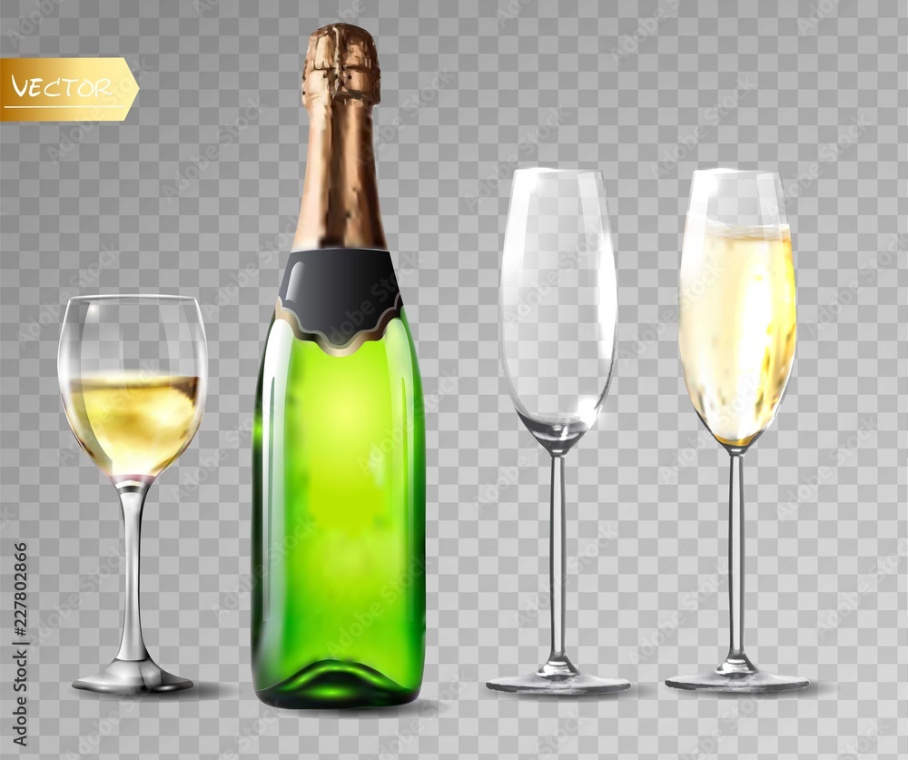 Champagne bottle and champagne glasses on transparent background. Vector illustration. Champagne bottle and champagne glasses on transparent background. Vector illustration.