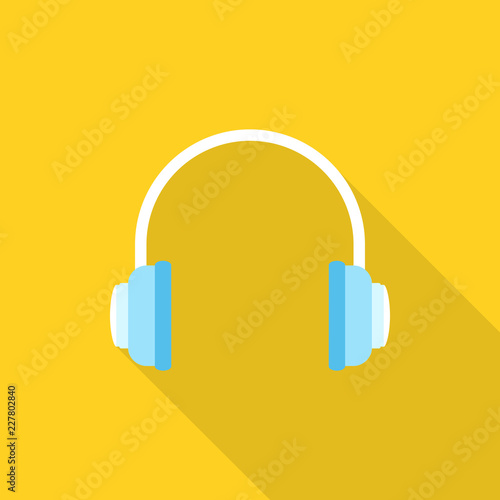 Headphones icon with long shadow on yellow background, flat design style