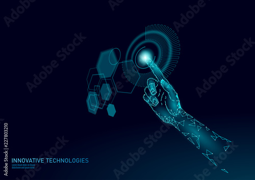 Low poly hand touch virtual HUD. User finger control display hologram. Innovative future modern technology polygonal panel futuristic design template background dark blue vector illustration