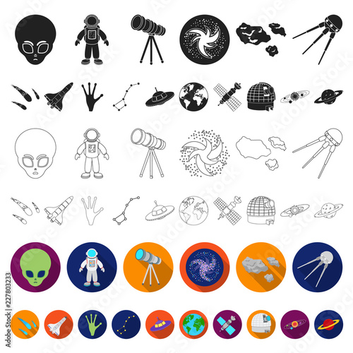 Space technology flat icons in set collection for design.Spacecraft and equipment vector symbol stock web illustration.