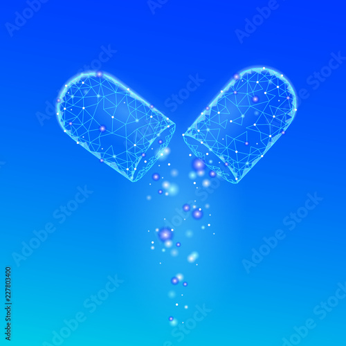 Opened drug capsule medicine business concept. Banner blue glowing medicament prebiotic probiotic ball health care cure illness. Antibiotic vitamin medical nutrition low poly vector illustration