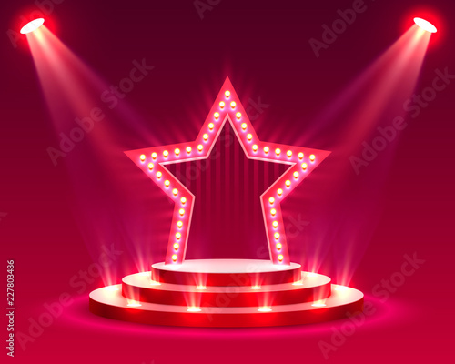 Star podium with lighting, Stage Podium Scene with for Award Ceremony on red Background, Vector illustration