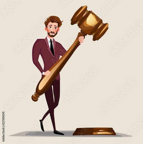 Business lawyer holding wooden judge gavel. Legal verdict, legislation authority vector concept. Illustration of legality jurisdiction, guilty and order juridical