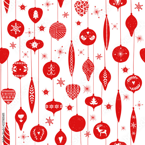 Red simple Christmas balls for holiday celebrations Scandinavian Nordic style. New year toys. Seamless pattern with simple decoration hand drawn. For holiday wrapping paper.