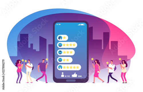 Customer review and feedback. Five stars rating on smartphone screen and clients. Online survey, customers satisfaction vector concept. Illustration of rating review, feedback customer service