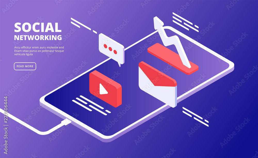 Social media and phone. Internet marketing, like message icons over smartphone. Mobile cloud community vector isometric concept. Illustration of content online, video screen and application