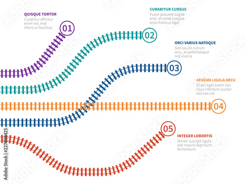 Railroad tracks infographic. Rail tracking option chart, step flowchart. Business process vector infographics. Business graphic railroad illustration