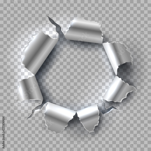 Metal hole. Exploding steel with torn, ripped edges isolated on transparent background. Vector grunge background. Illustration of hole in metal, break and torn aperture