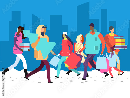 People on winter holiday. Person carrying shopping bag, gifts and christmas tree on big city street. Woman and man shopping xmas, customer and shopper. Vector illustration