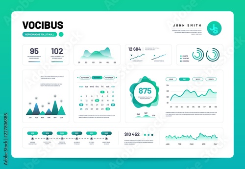 Infographic dashboard. Admin panel interface with green charts, graphs and diagrams. Website design vector template graph and diagram infographic, vector illustration