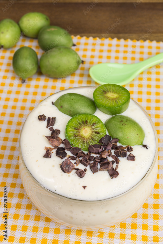 soy bean curd dessert with mini kiwi and cocoa nibs soy bean curd dessert with mini kiwi and cocoa nibs