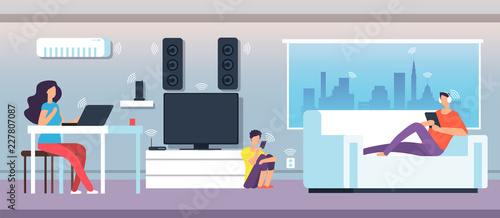 Electromagnetic field in home. People under EMF waves from appliances and devices. Electromagnetic pollution vector concept. Illustration of smart network communication wifi digital