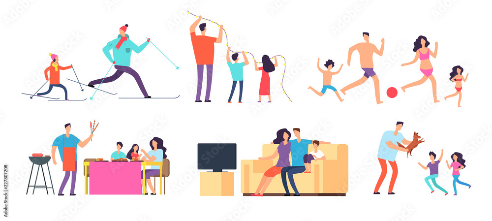 Family spending time together. Mom, dad and children at home and outdoor. Vector cartoon characters set. Family ski and play, watch tv illustration