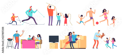 Family spending time together. Mom, dad and children at home and outdoor. Vector cartoon characters set. Family ski and play, watch tv illustration