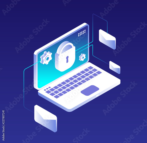 Data protection concept. Email database encryption, computer, information and storage security. Antivirus and vpn vector illustration. Illustration of protection laptop email, security data antivirus