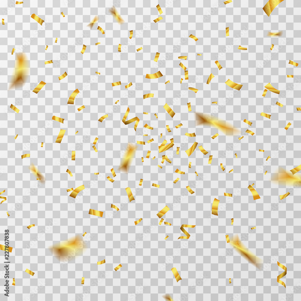 Fototapeta premium Golden confetti. Gold yellow ribbons flying down isolated. Wedding party background. Decoration confetti ribbon for carnival and anniversary birthday illustration