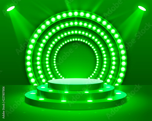 Stage podium with lighting, Stage Podium Scene with for Award Ceremony on green Background, Vector illustration