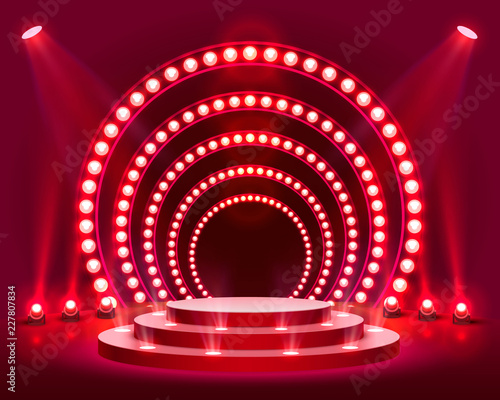 Stage podium with lighting, Stage Podium Scene with for Award Ceremony on red Background, Vector illustration
