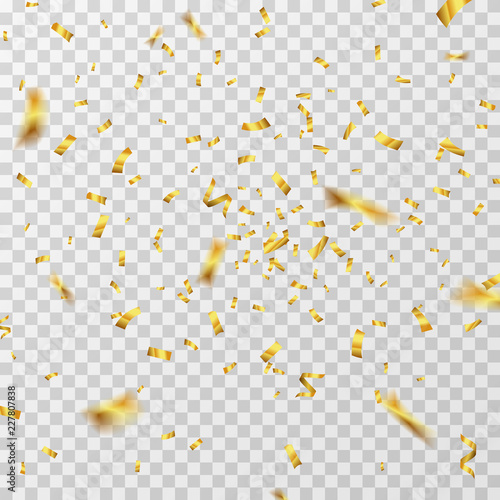 Golden confetti. Gold yellow ribbons flying down isolated. Wedding party background. Decoration confetti ribbon for carnival and anniversary birthday illustration