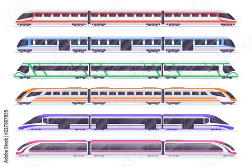 Passenger trains. Modern subway and railway train. City transportation vector set. Train and railway, transport passenger illustration