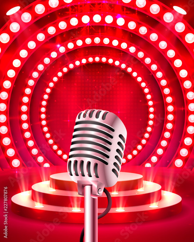 The microphone on the red scene. Vector illustration