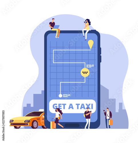 Mobile taxi. Online taxi service and payment with smartphone app. People ordering taxi at huge cell phone. Vector concept online taxi transportation, app mobile service illustration