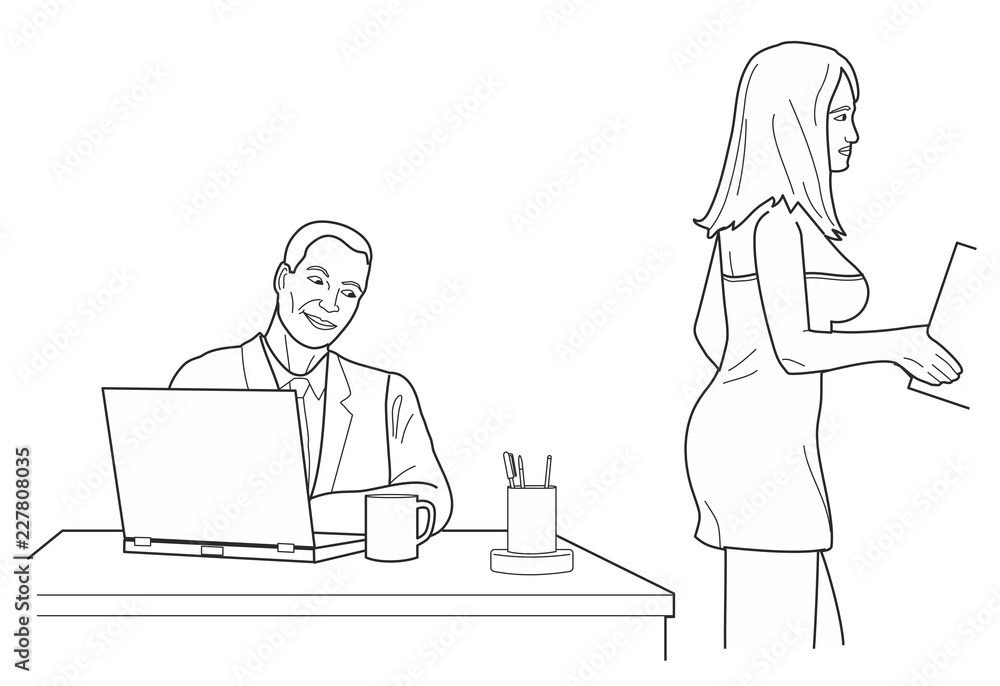 Man looking man looks at a woman in front and back in office. Black vector illustration isolated on white background Man looking man looks at a woman in front and back in office. Black vector illustration isolated on white background