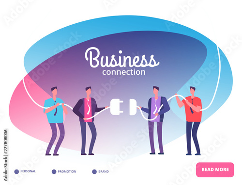 Business teams connect plug. Businessmen connecting connectors. Cooperation and team growth vector concept. Connect work team people, communication and partnership teamwork illustration