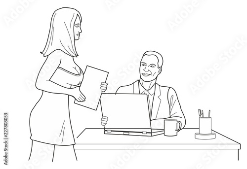 Man looking man looks at a woman in front office. Black vector illustration isolated on white background.