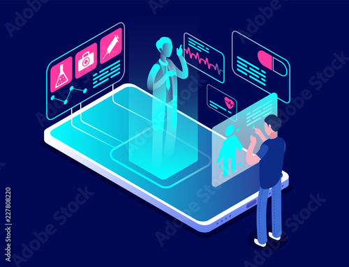 Medical app. Diagnostic and consulting application on smartphone. Healthcare technology, care assistant, telemedicine vector concept. Illustration of online hologram doctor communication