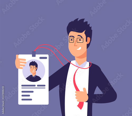 Id card concept. Employee man with identity badge. Business security and identification vector illustration. Identity id card for pass security, identification plastic