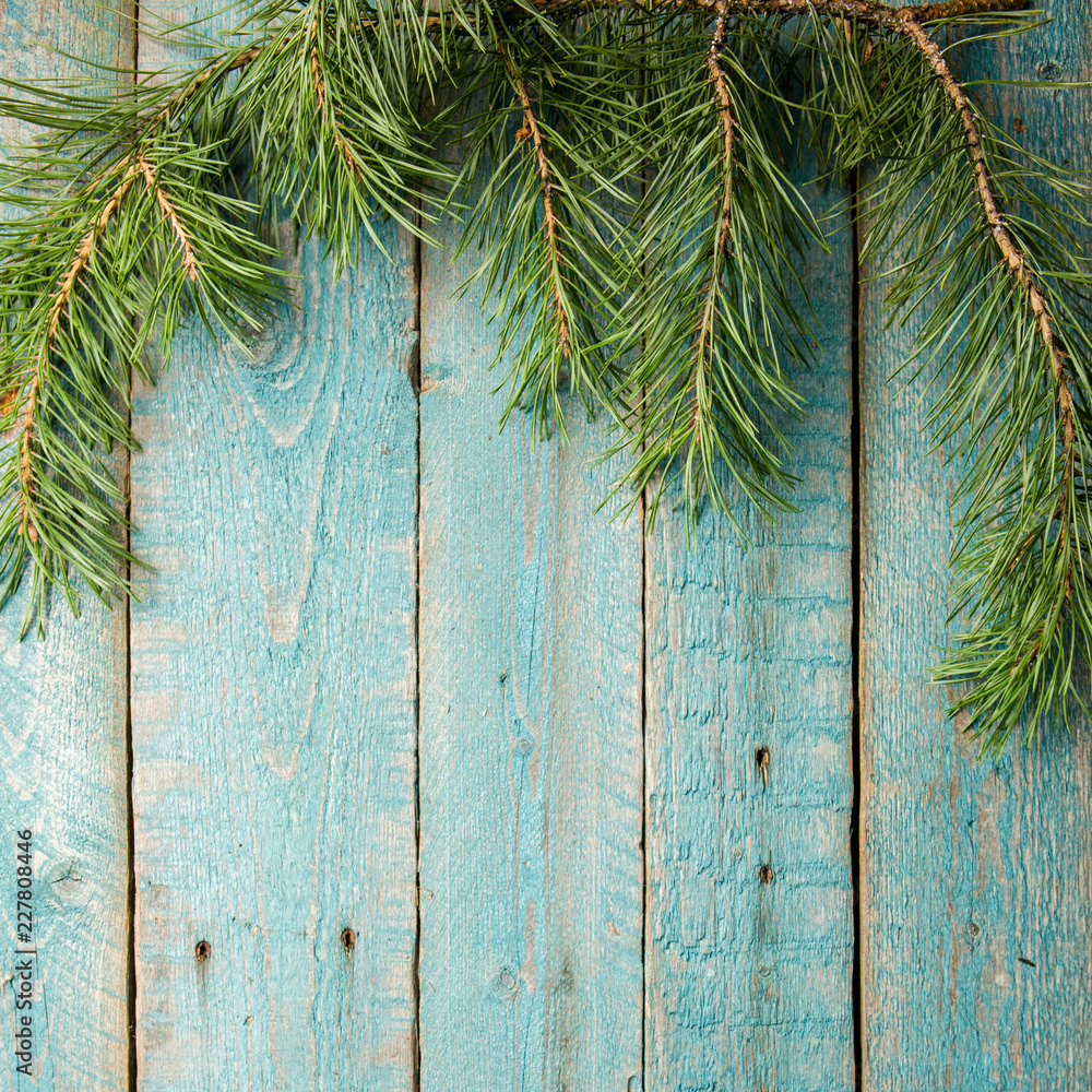 Green fir branches with on a wooden brown texture. Green fir branches with on a wooden brown texture.