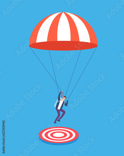 Businessman with parachute aiming on target. Risky business, success and focus vector concept. Business risk, businessman with parachute illustration