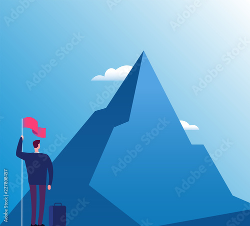 Businessman with flag at mountain. New purpose, success vision and goals achievement, business vector concept. Illustration of businessman purpose target and goal peak