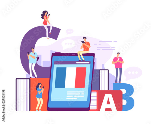 Foreign language online learning. People with smartphones studying french with online teacher. Education vector concept. Illustration of online training and teaching