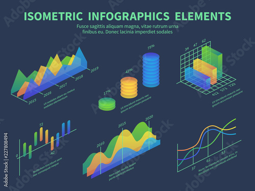 Isometric infographics. Presentation graphics, statistics data layer charts and marketing bar diagrams. 3d isometric vector design. 3d visualization, finance infomation time line illustration