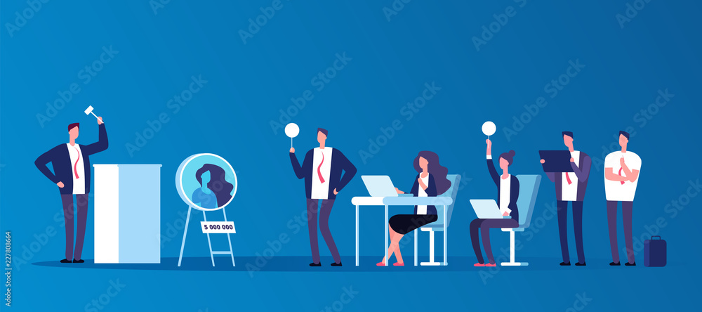 Vetor de Auction concept. People people bidding in public auction house ...