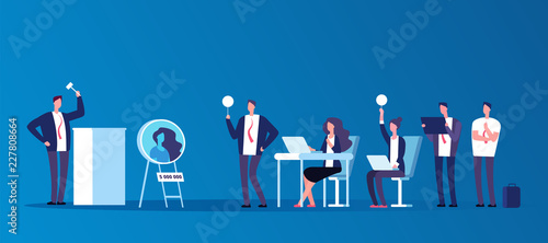 Auction concept. People people bidding in public auction house. Bidder, buyer and auctioneer vector characters. Auction and auctioneer, market trade illustration photo