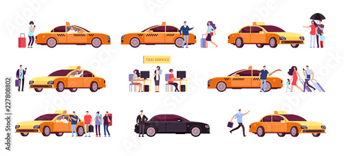 People and taxi. Cab drivers passenger and car in ride. Taxi service isolated icons. Taxi service car, transportation customer illustration