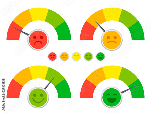 Emotions mood scale with cutes flat faces isolated on white background. Emotion feedback face, happy smile mood, vector illustration