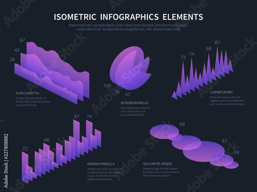 Isometric infographics elemnts. Business graphics, statistics data charts and financial bar diagrams. 3d infographic vector set. Illustration of purple 3d visualization, statistic business