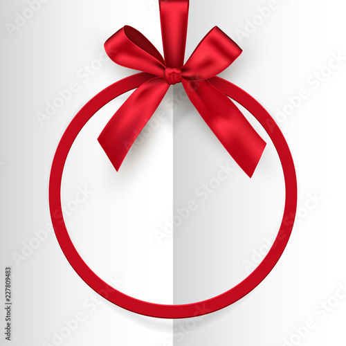 Holiday red round frame with bow and ribbon on white opened book background. Vector postcard or greeting card template.